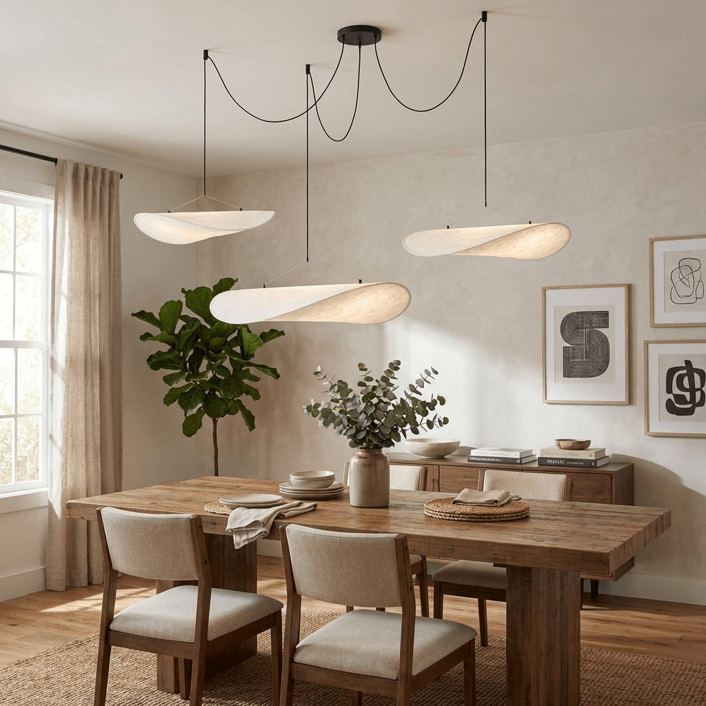 White silk pendant light suspended in a modern interior
