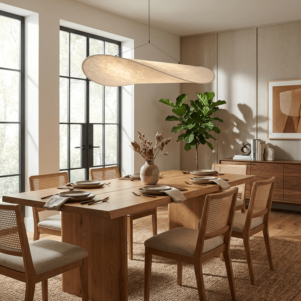 Round silk pendant light casting a soft floating glow