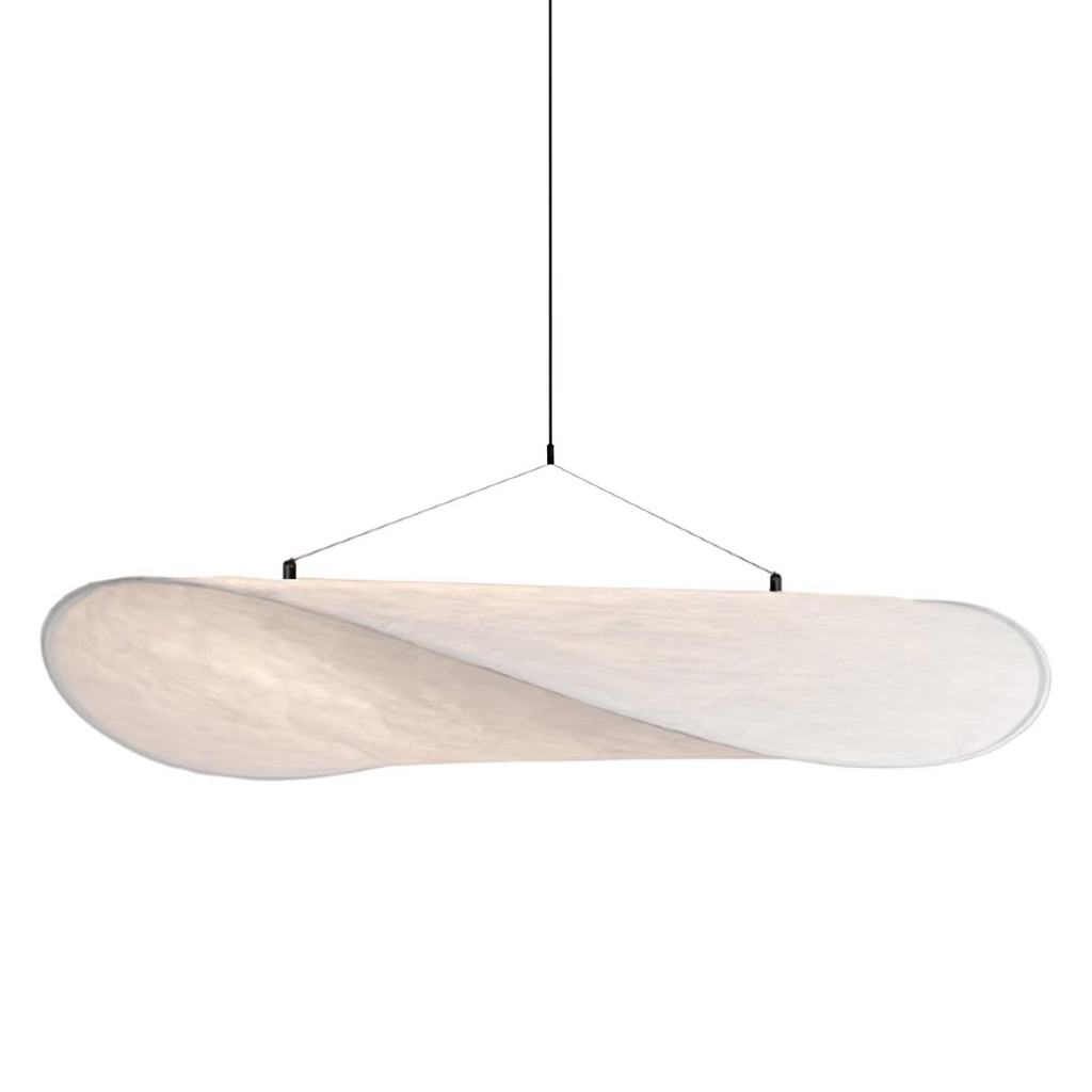 White silk pendant light shown against a plain background