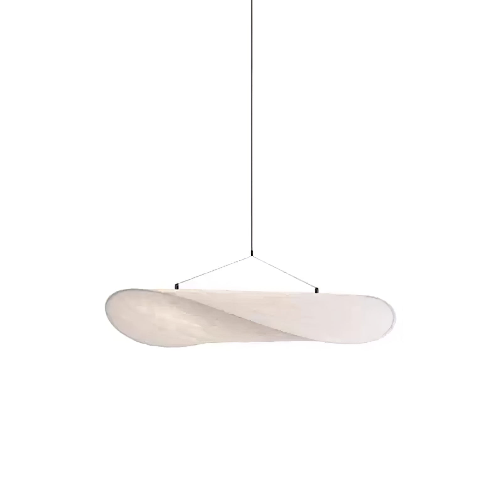 Slim black frame silk pendant casting an even warm glow