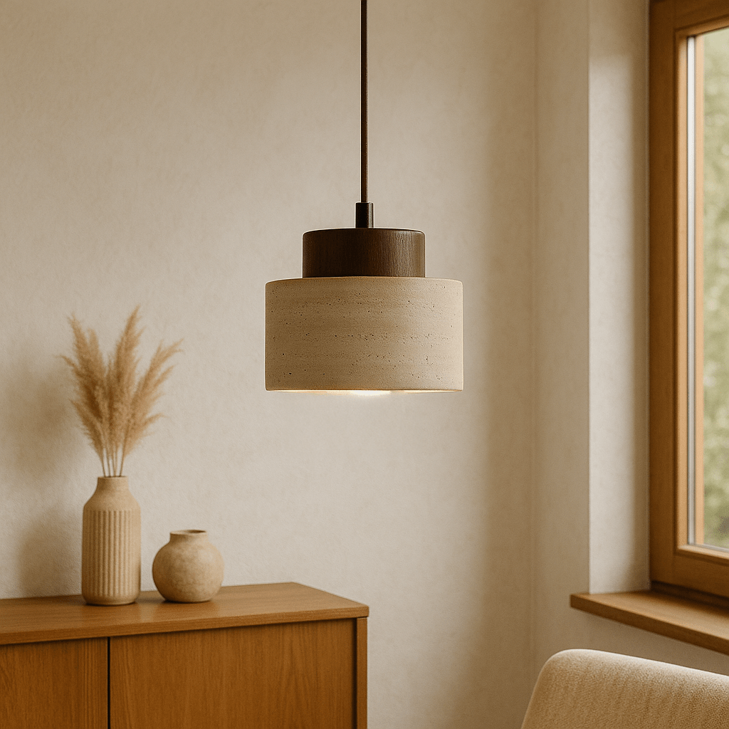 Stone Pendant Light With Textured Shade And Wooden Accent 12 Inch