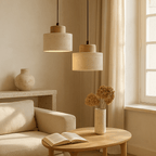 Stone Pendant Light With Textured Shade And Wooden Accent 12 Inch