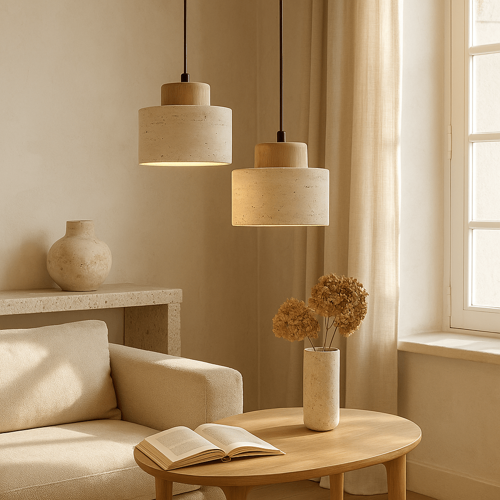 Stone Pendant Light With Textured Shade And Wooden Accent 12 Inch