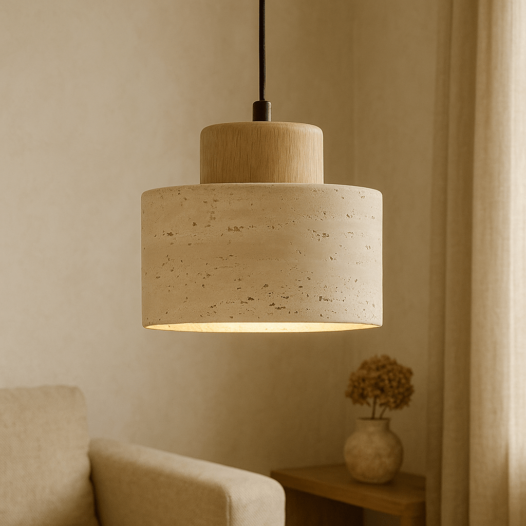 Stone Pendant Light With Textured Shade And Wooden Accent 12 Inch