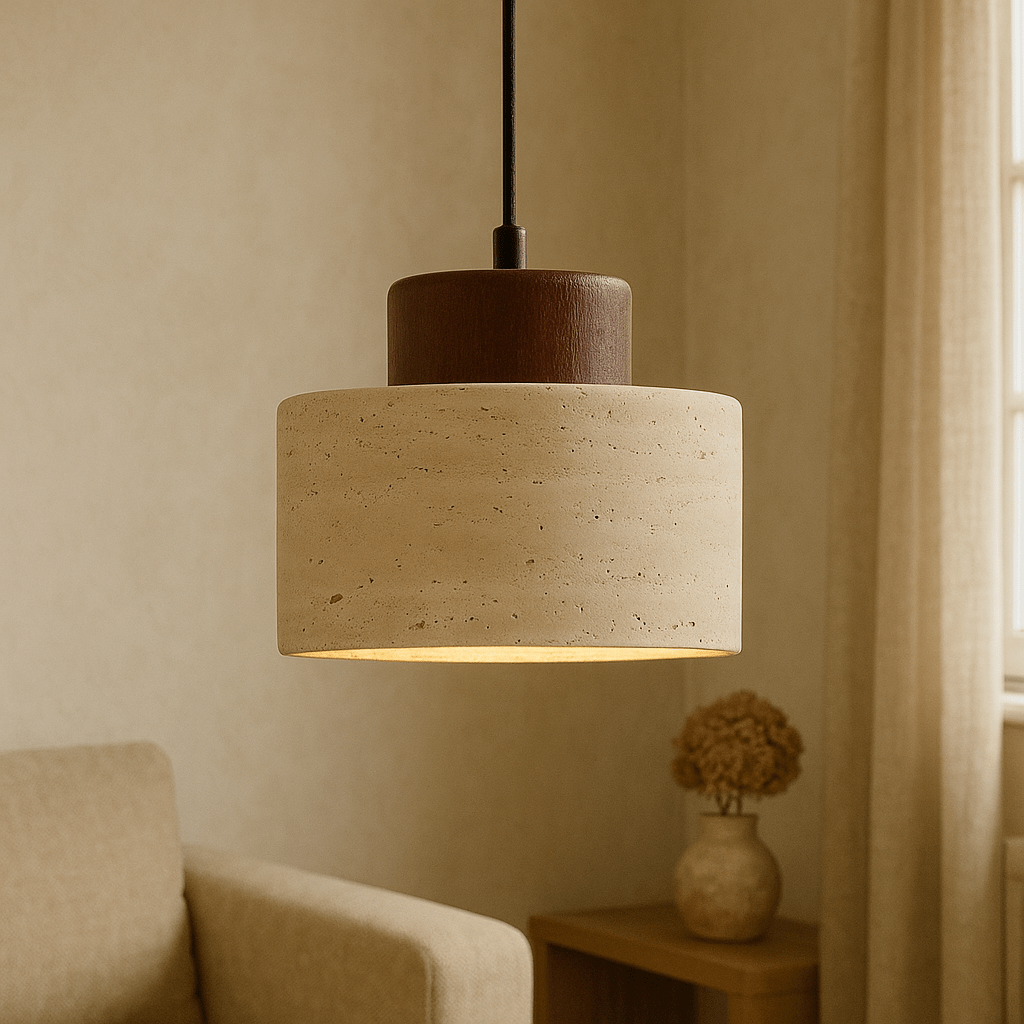 Stone Pendant Light With Textured Shade And Wooden Accent 12 Inch