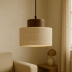 Stone Pendant Light With Textured Shade And Wooden Accent 12 Inch