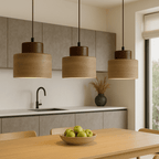 Stone Pendant Light With Textured Shade And Wooden Accent 12 Inch