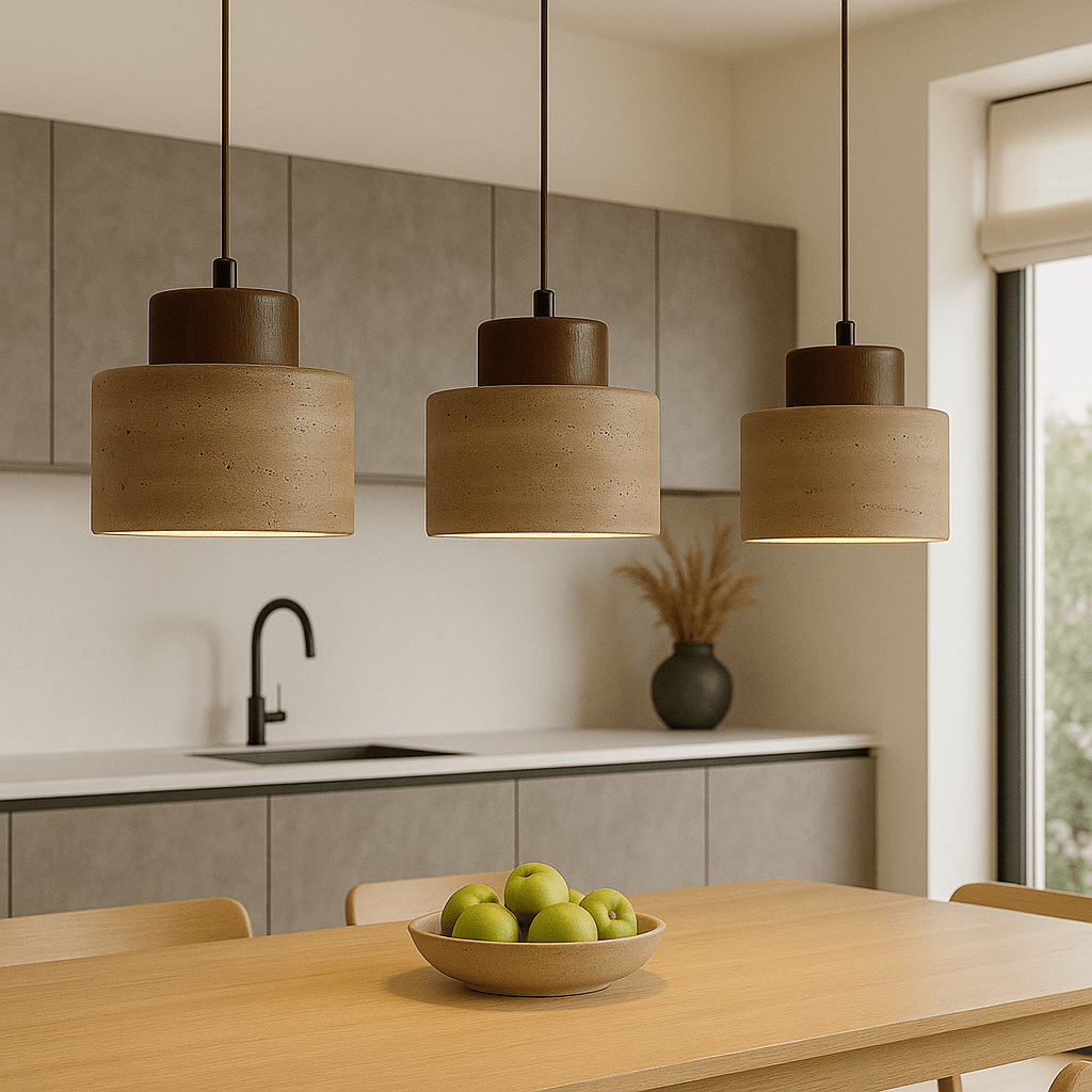 Stone Pendant Light With Textured Shade And Wooden Accent 12 Inch