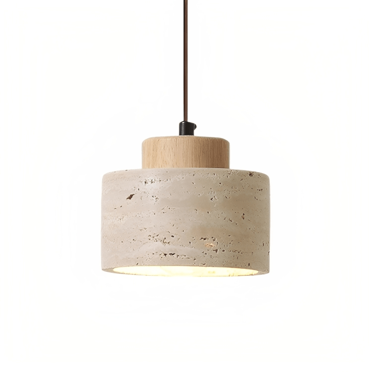 Stone Pendant Light With Textured Shade And Wooden Accent 12 Inch