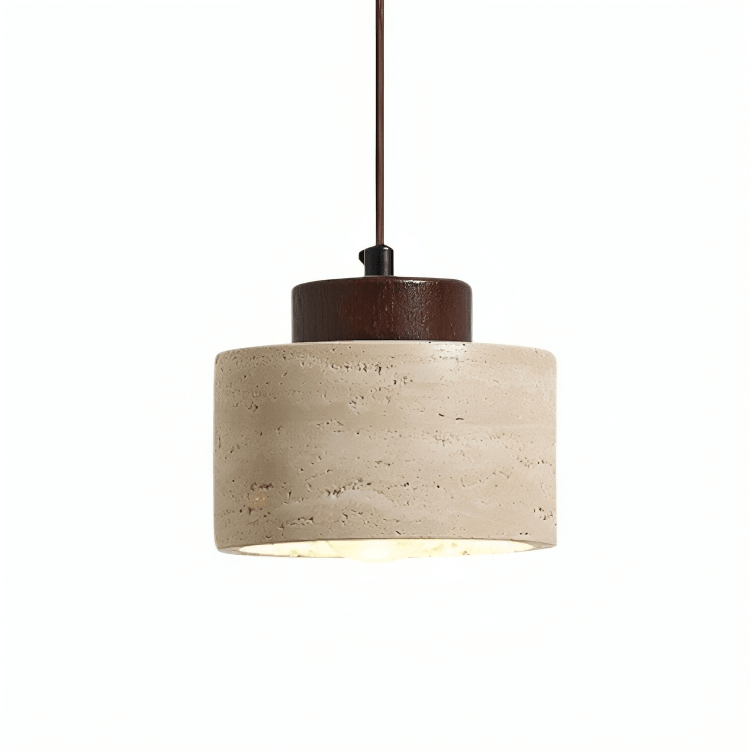 Stone Pendant Light With Textured Shade And Wooden Accent 12 Inch