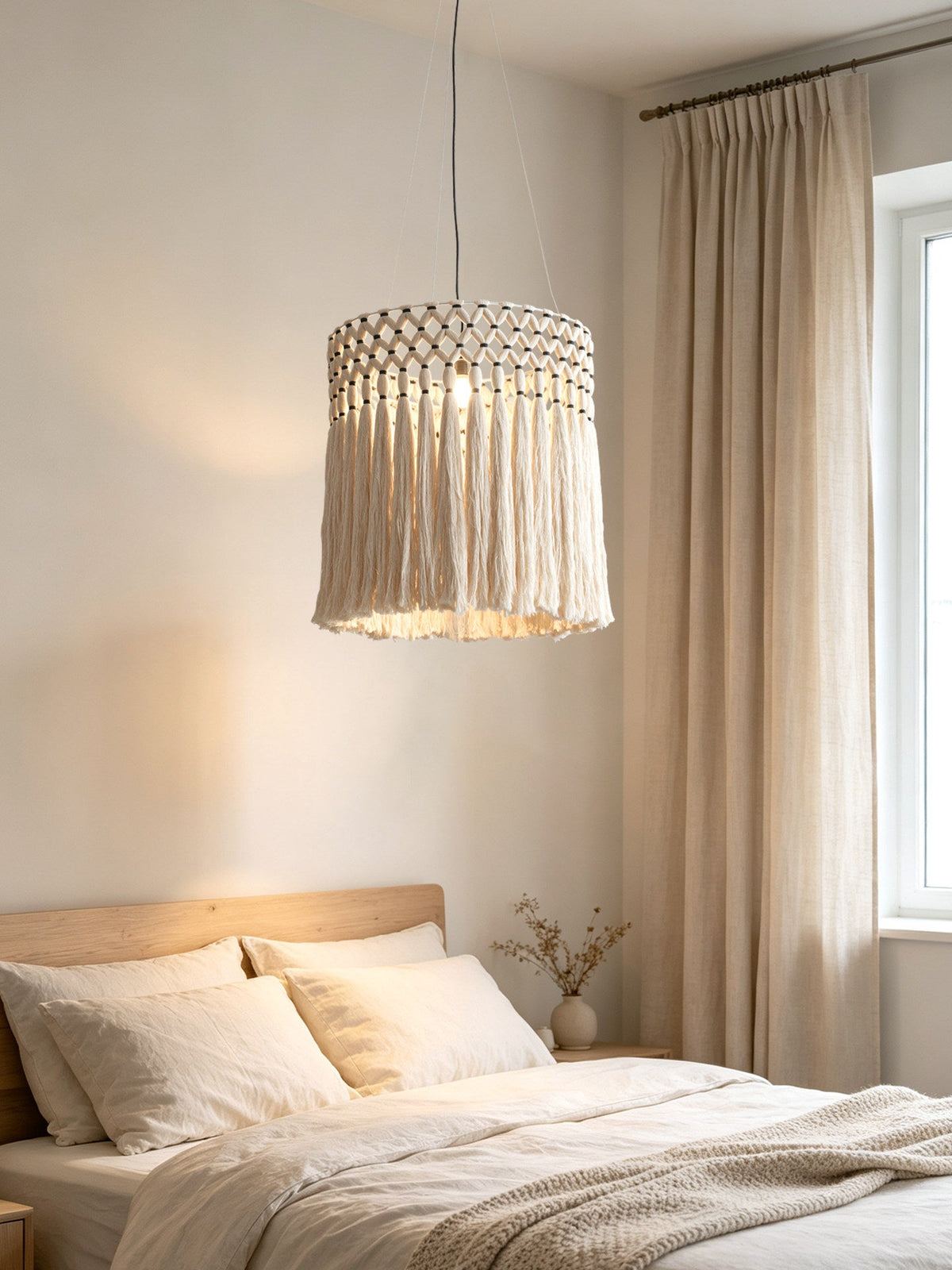 Above a low bed with cream linens, this Clérachic pendant lights a bright bedroom corner by a curtained window.