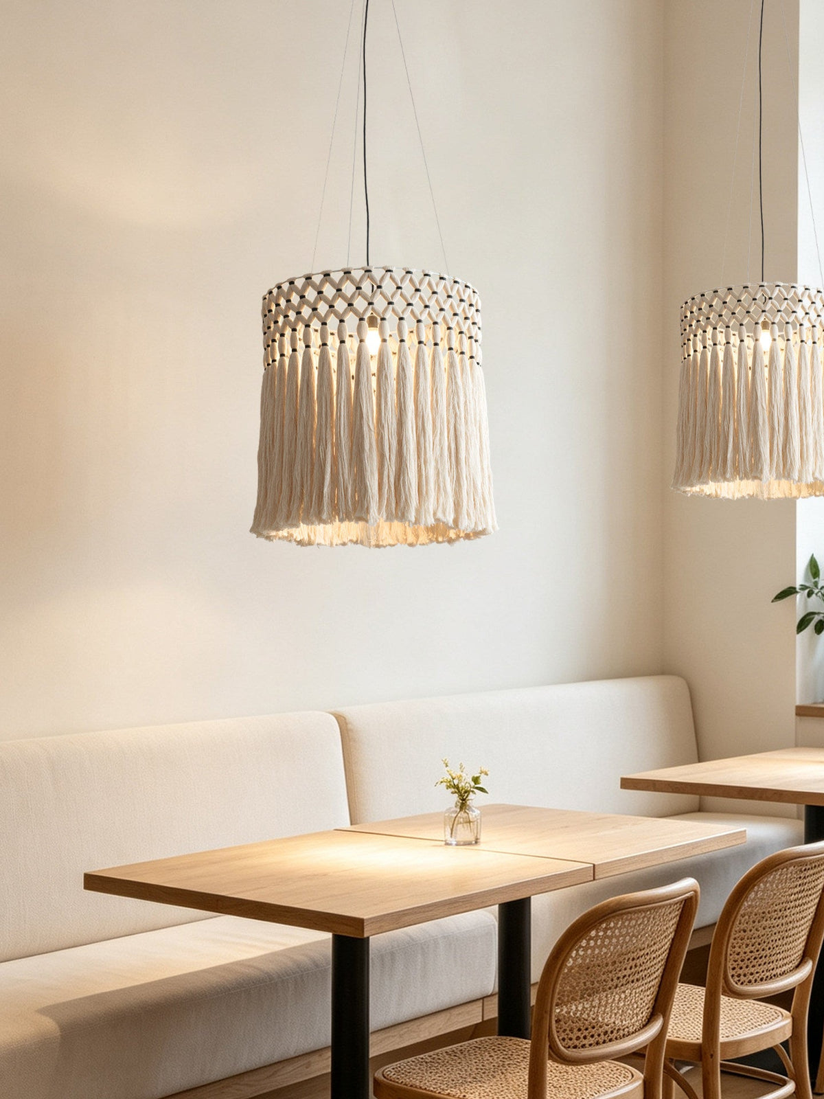 Lit above a wood table with a cream banquette, this Clérachic pendant sits beside a second matching fixture.
