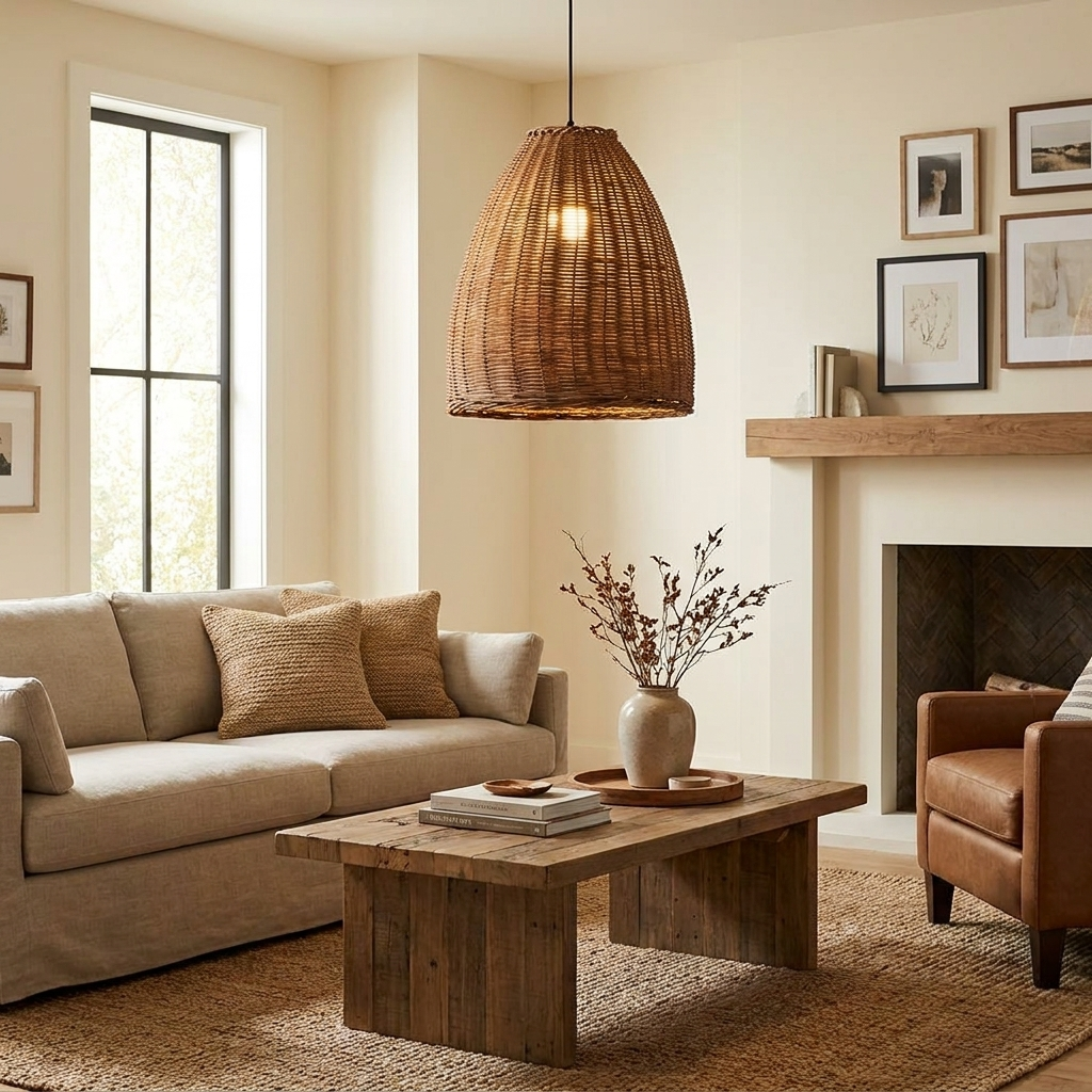 A leather armchair and linen sofa sit near a wood coffee table beneath this rattan Clérachic pendant.