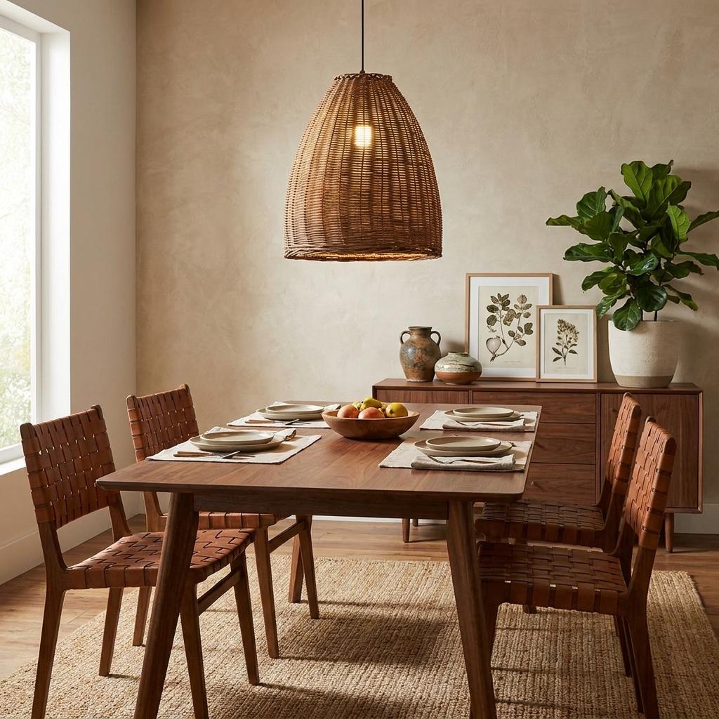 Woven leather chairs and a leafy plant surround a wood table lit by this rattan Clérachic pendant.