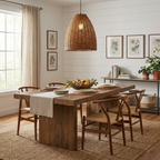 A fruit bowl centres a wood table lit by this rattan Clérachic pendant in a shiplap-walled dining room.