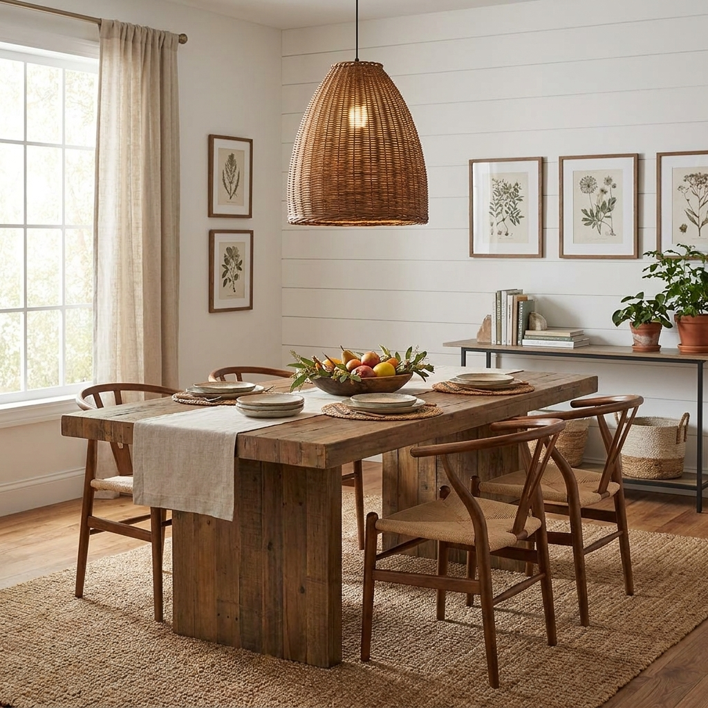 A fruit bowl centres a wood table lit by this rattan Clérachic pendant in a shiplap-walled dining room.