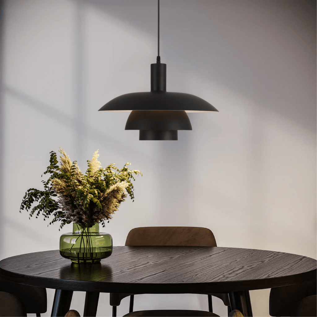 Modern Pendant Light With Layered Metal Shade, 12 Inch Diameter