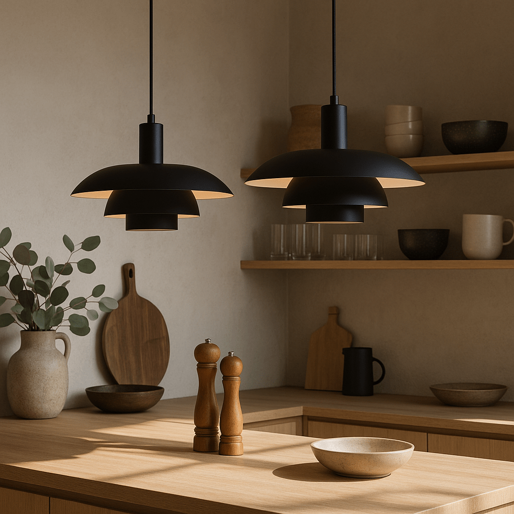 Modern Pendant Light With Layered Metal Shade, 12 Inch Diameter