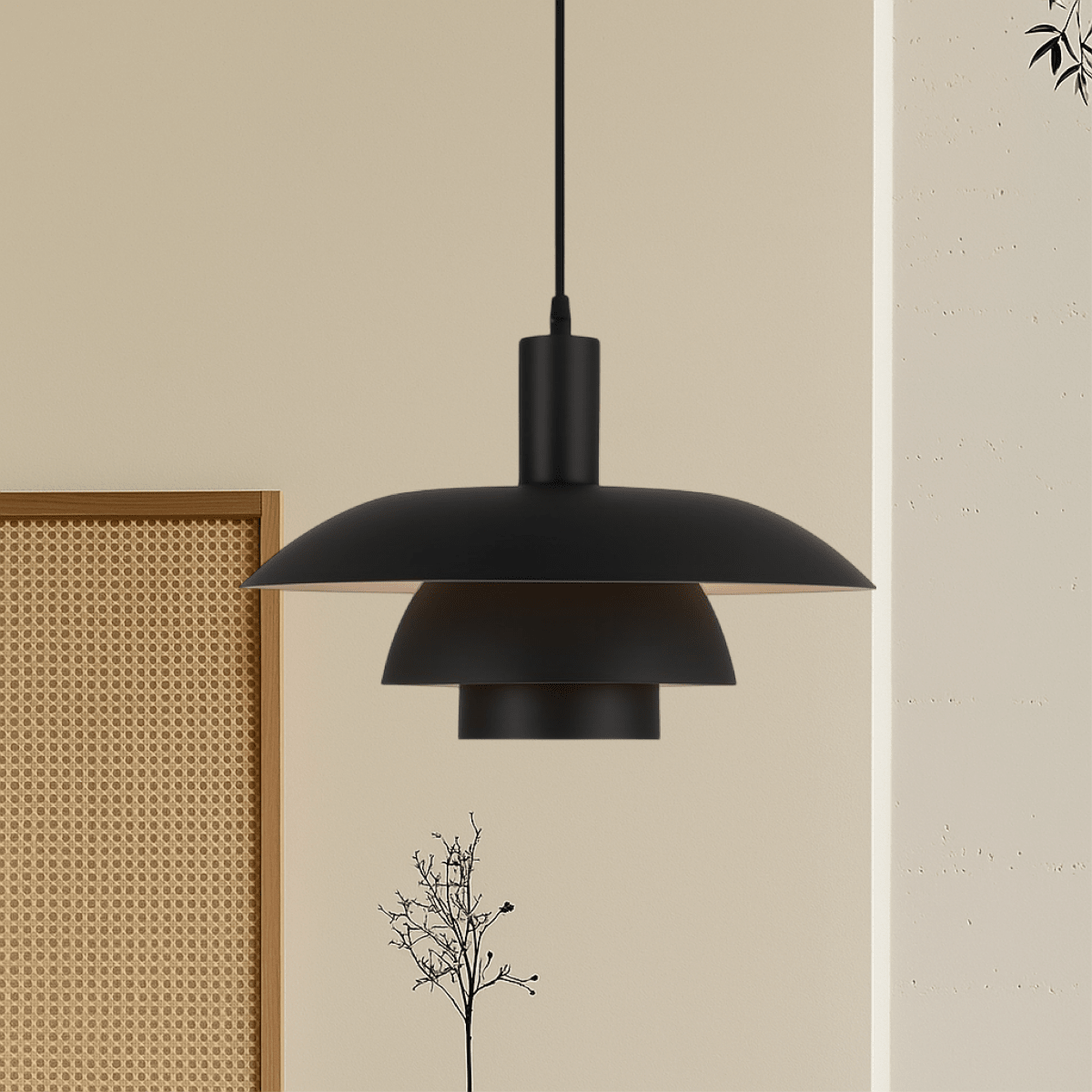 Modern Pendant Light With Layered Metal Shade, 12 Inch Diameter