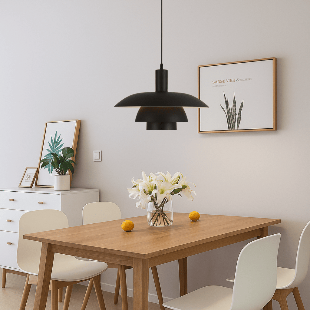Modern Pendant Light With Layered Metal Shade, 12 Inch Diameter