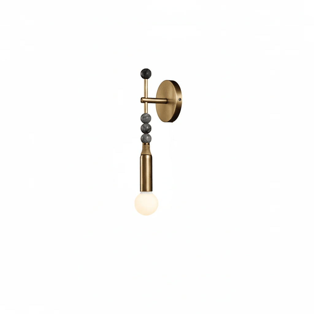 Brass wall sconce with brown jasper stone detail shown upright