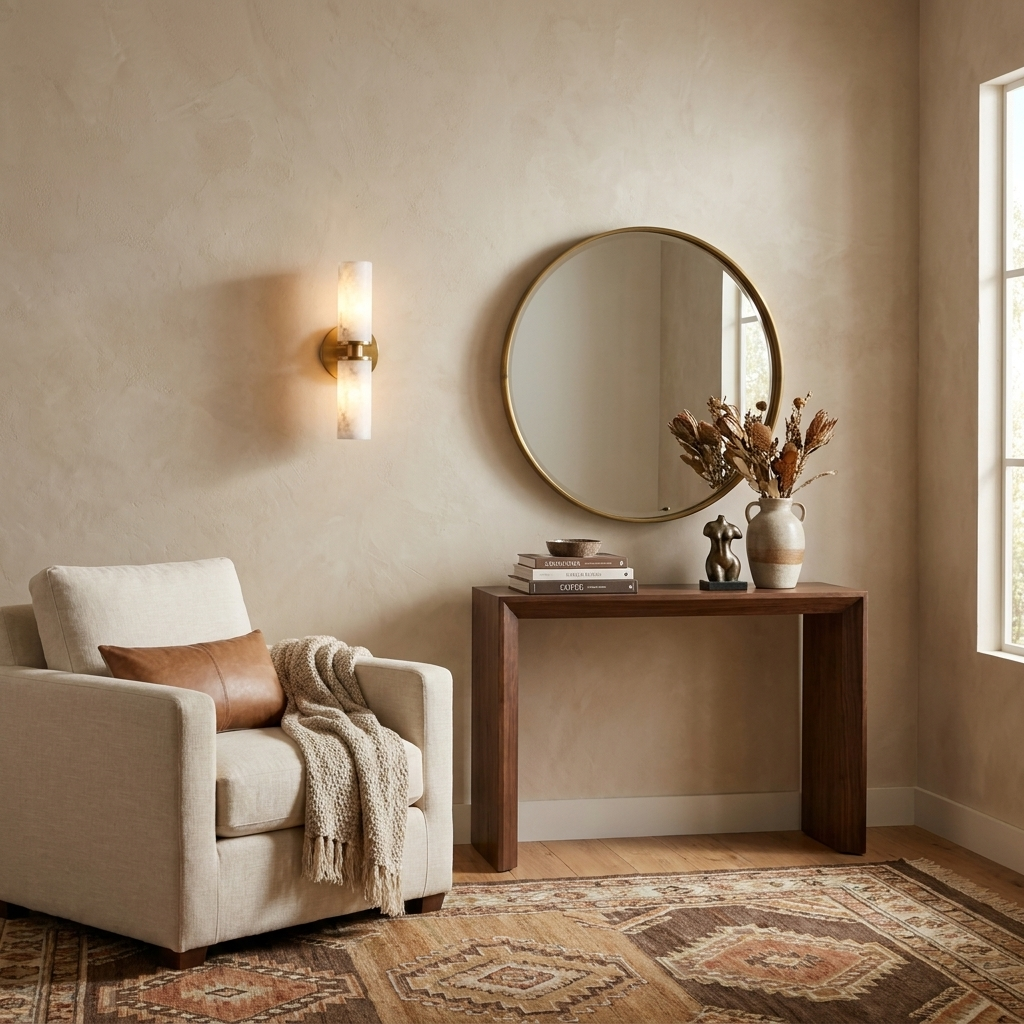 Near a round mirror and console table, this Clérachic wall light in brushed brass warms a plaster wall.