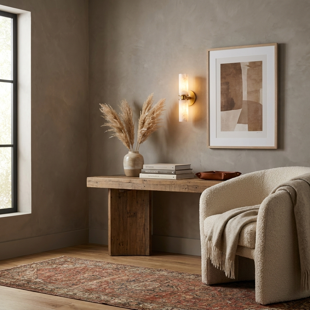 Mounted beside a framed print, this Clérachic wall light in brushed brass lights a reading nook with an armchair.