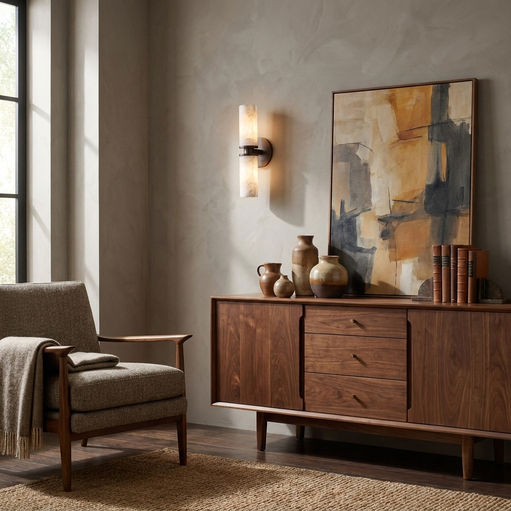 Beside an abstract painting and a credenza set with vases and books, this Clérachic wall light in matte black glows.