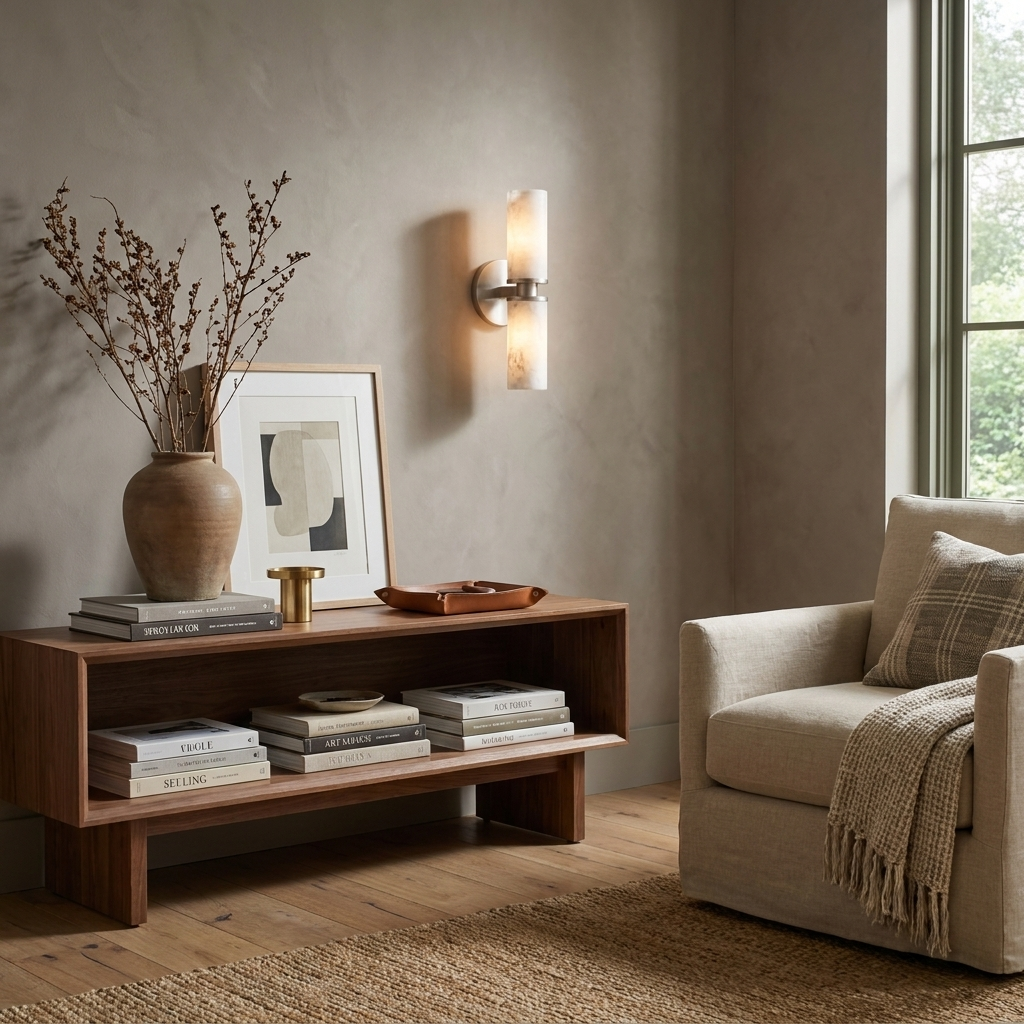 Above a wood console table set with a vase and books, this Clérachic wall light in brushed brass glows warm.