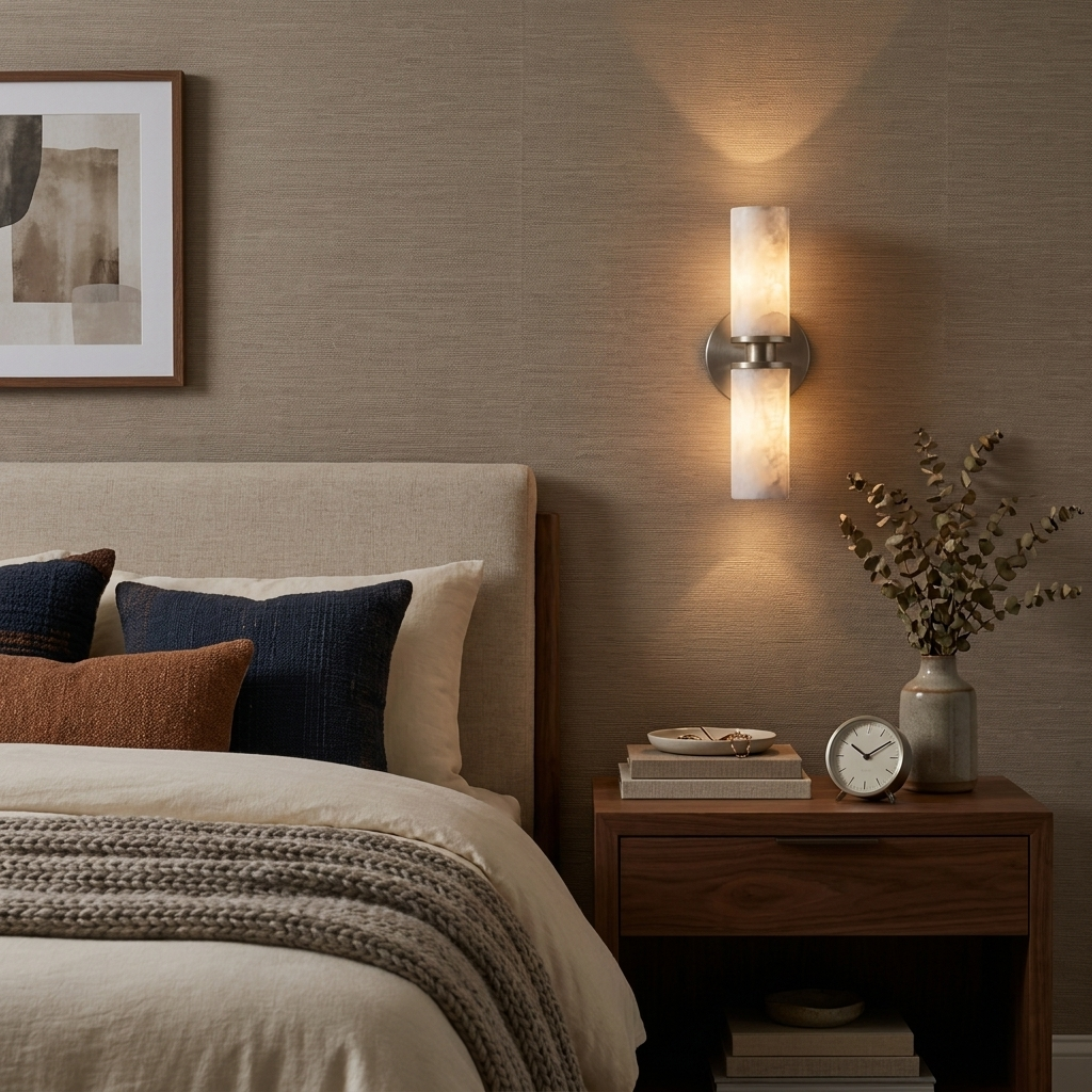 Beside a bed with a wood nightstand and clock, this Clérachic wall light in brushed nickel glows on a textured wall.