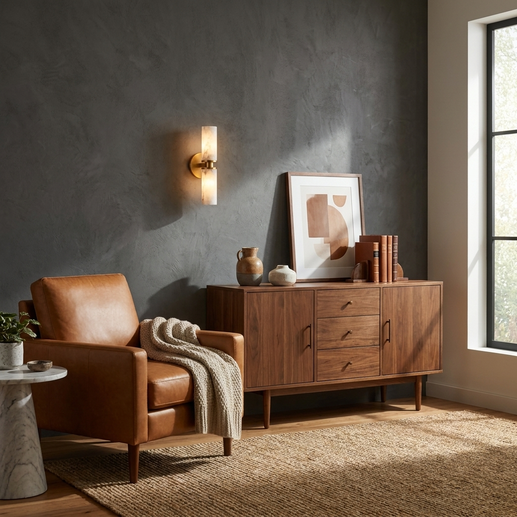 Above a leather armchair and a walnut credenza, this Clérachic wall light in matte black casts a warm glow.