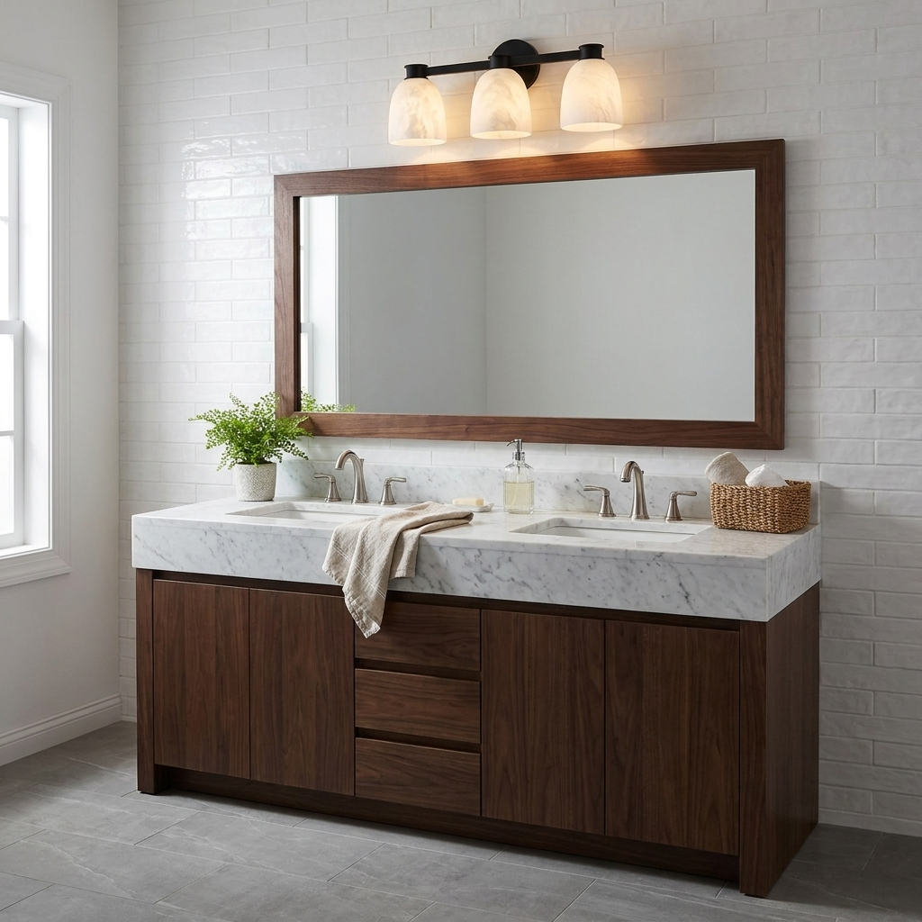 This Clérachic bar sconce in black finish hangs above a rectangular mirror over a dark walnut vanity.