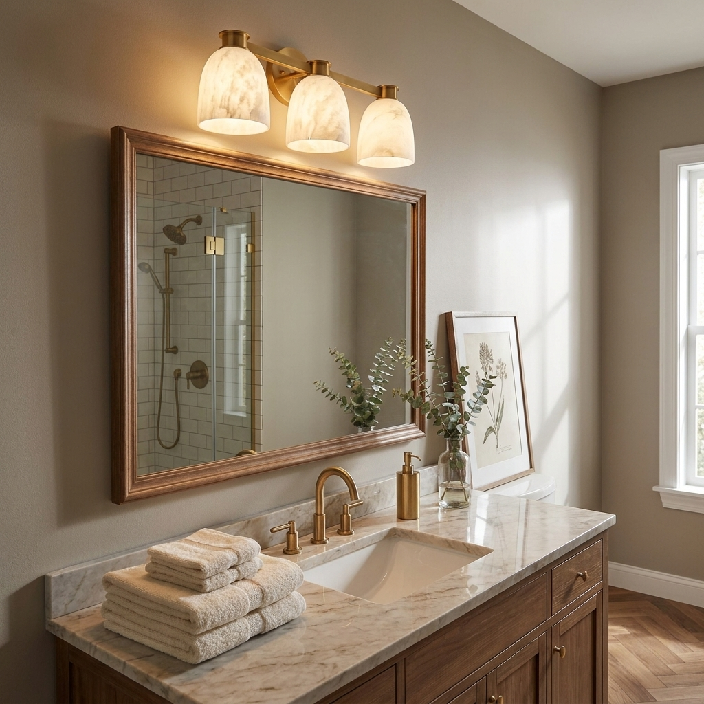 Above a wood-framed mirror, this Clérachic bar sconce in brass finish lights a marble vanity with folded towels.