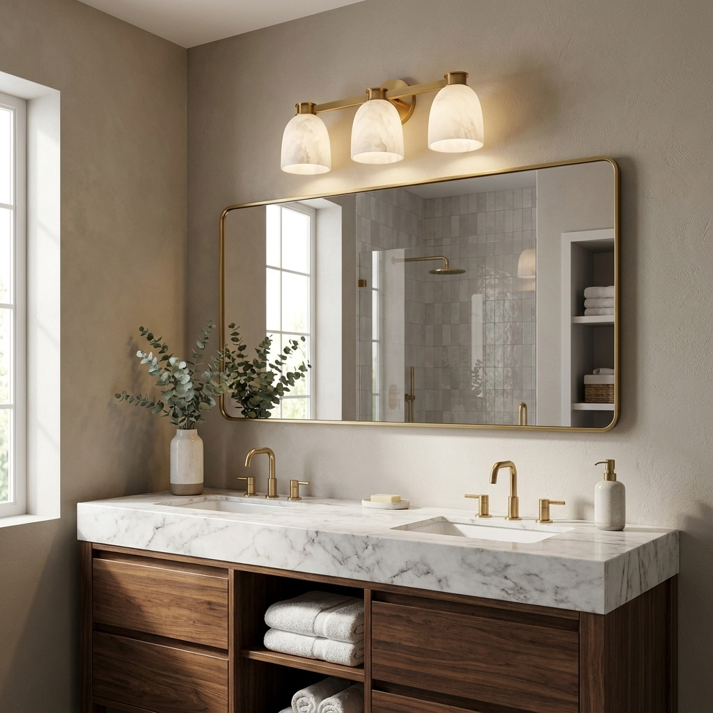 Lit in brass finish, this Clérachic bar sconce hangs above a framed mirror over a marble double vanity.
