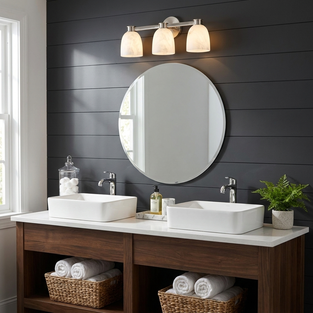 Beside a round mirror on a dark shiplap wall, this Clérachic bar sconce in brass finish lights two vessel sinks.