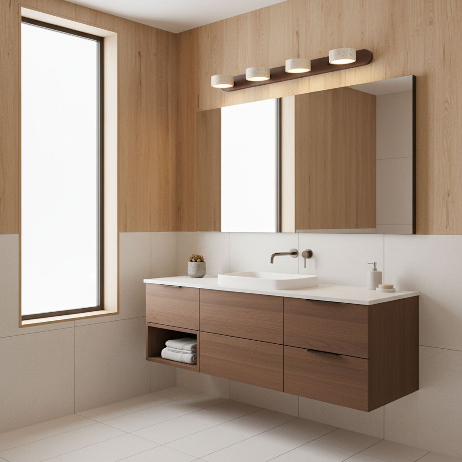 Travertine duo wall light shown lit against a warm backdrop
