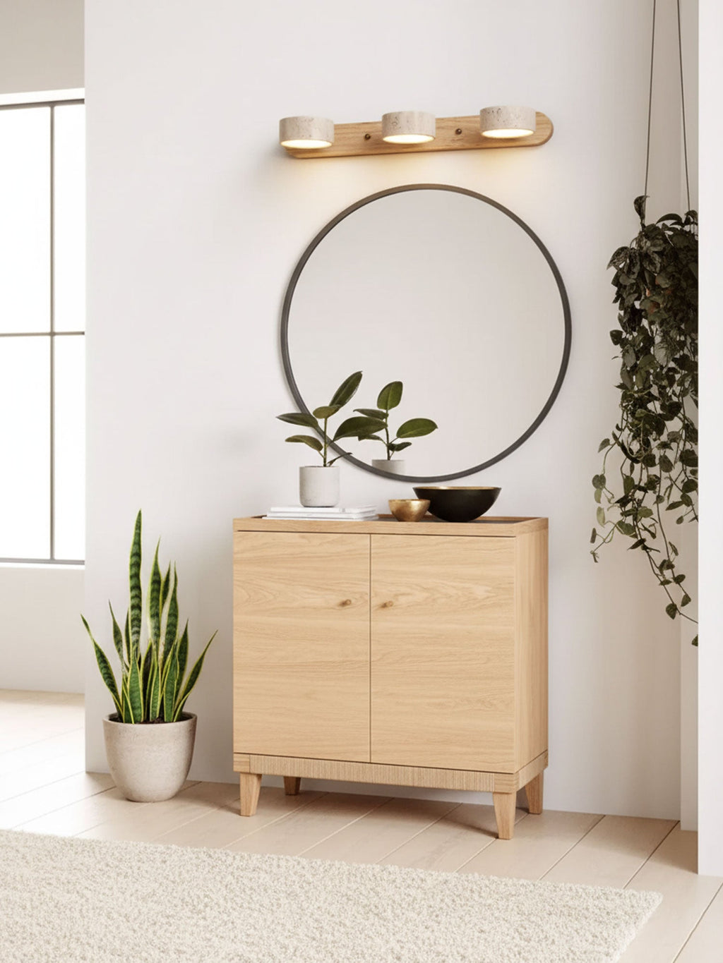 Travertine duo wall light detail of the stone and wood finish