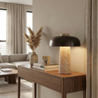 Mushroom Table Lamp With Travertine Base, Modern Design, 15-Inch Tall