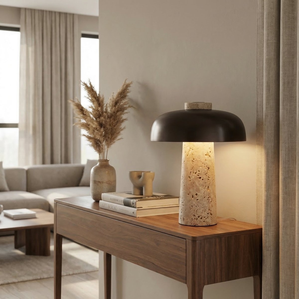 Mushroom Table Lamp With Travertine Base, Modern Design, 15-Inch Tall