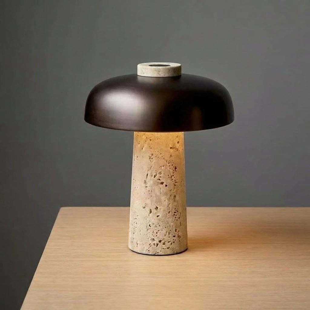 Mushroom Table Lamp With Travertine Base, Modern Design, 15-Inch Tall