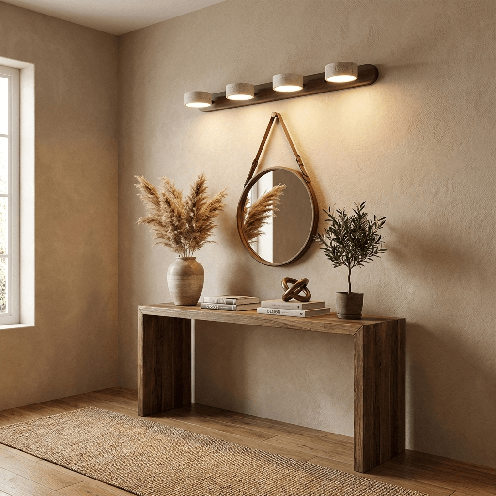 Travertine wall light close-up showing the natural stone texture