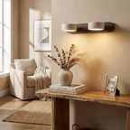 Travertine duo wall light detail of the warm stone glow