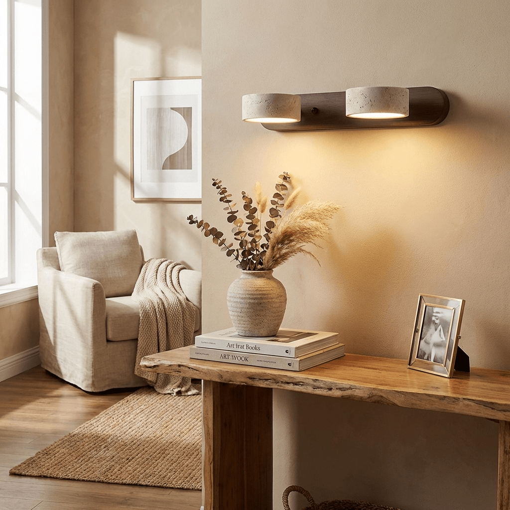 Travertine duo wall light detail of the warm stone glow