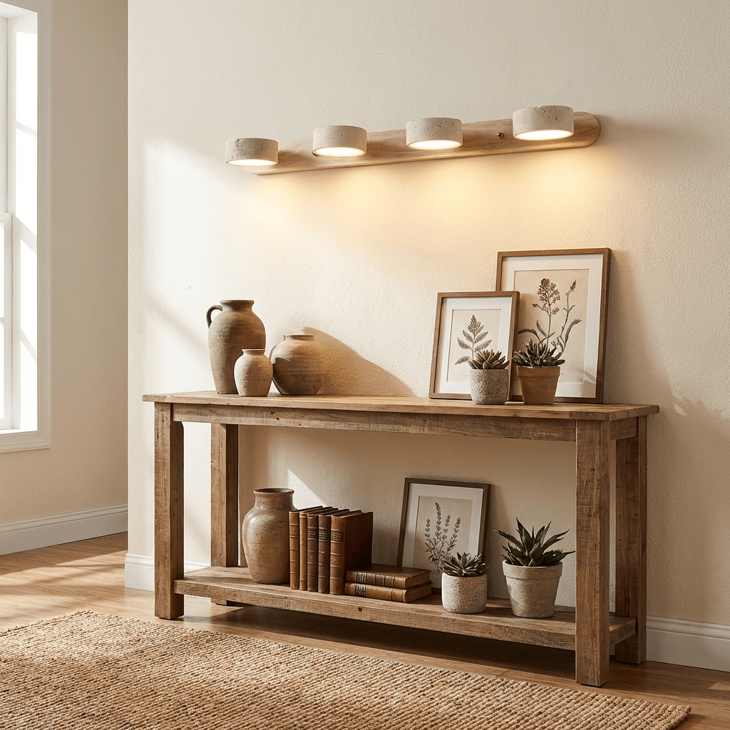 Travertine wall light with walnut frame and black metal arms