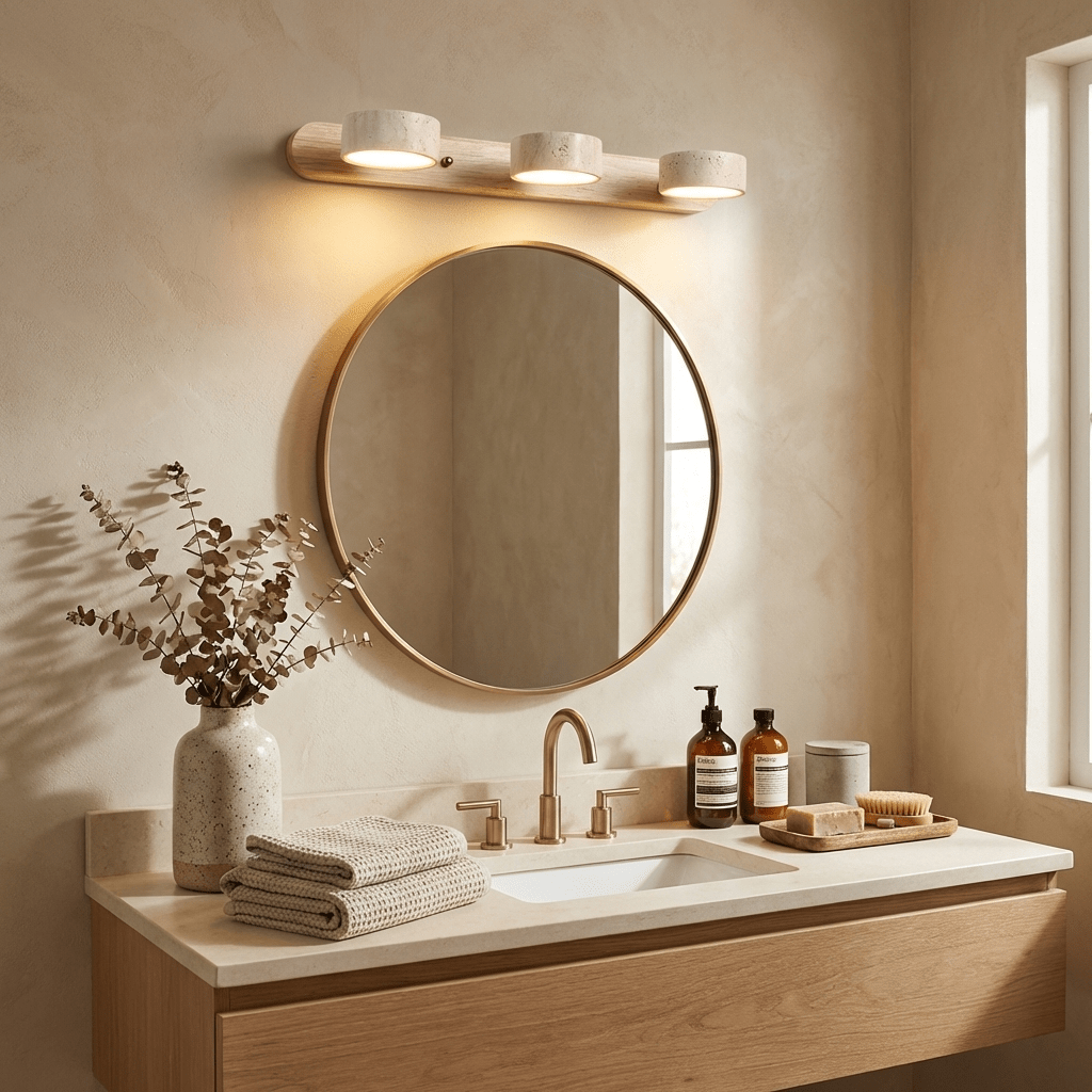 Natural stone wall light glowing beside a piece of furniture