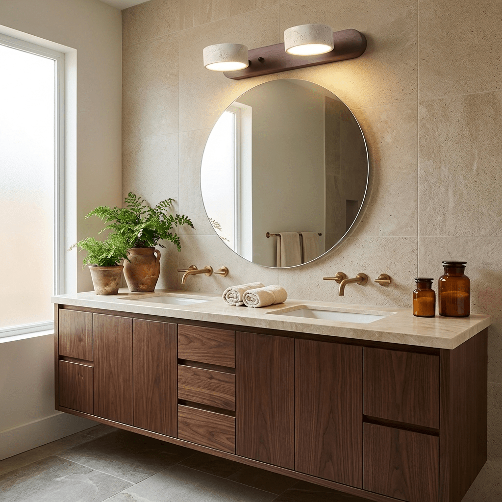 Stone and wood wall light mounted in a softly lit space