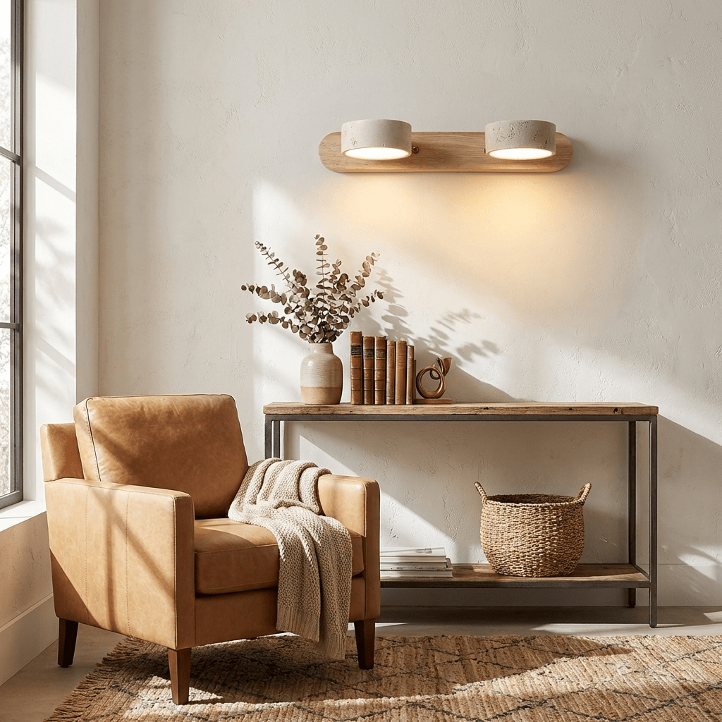 Travertine duo wall light shown lit in a calm modern room