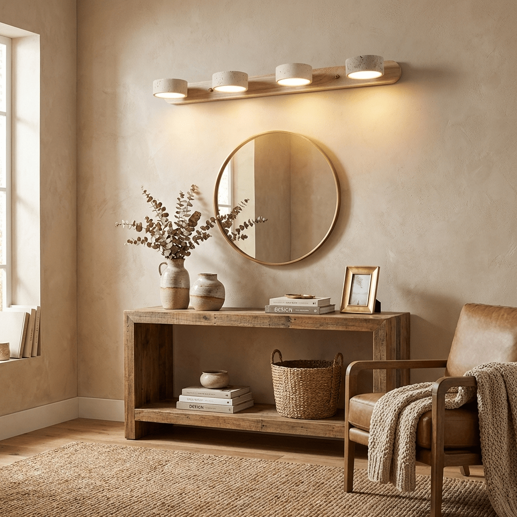 Travertine duo wall light shown mounted on a textured wall