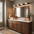 Natural travertine wall light detail with brass arm and wood frame