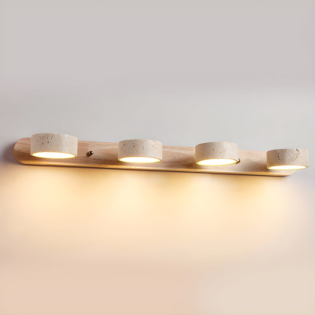Travertine duo wall light lit in a warm hallway setting